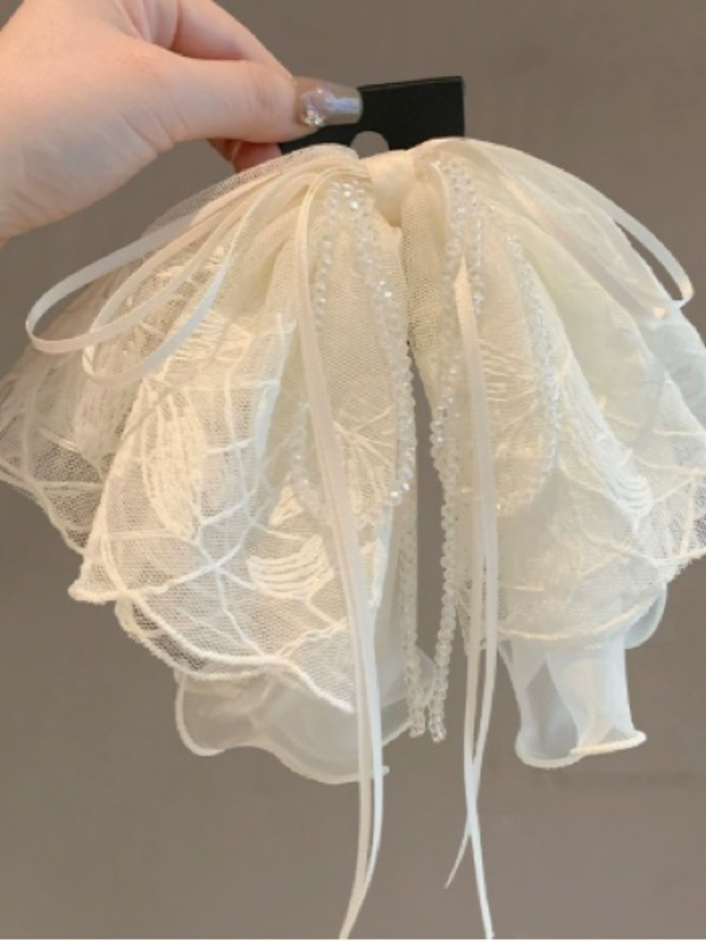 Ivory Lace Bow Hair Clip with Beaded Tassels